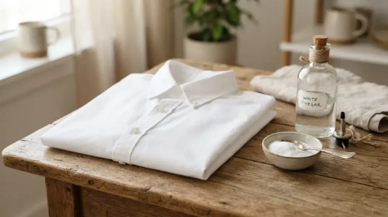 Close up of a white cotton shirt with baking soda and vinegar used to remove old stains