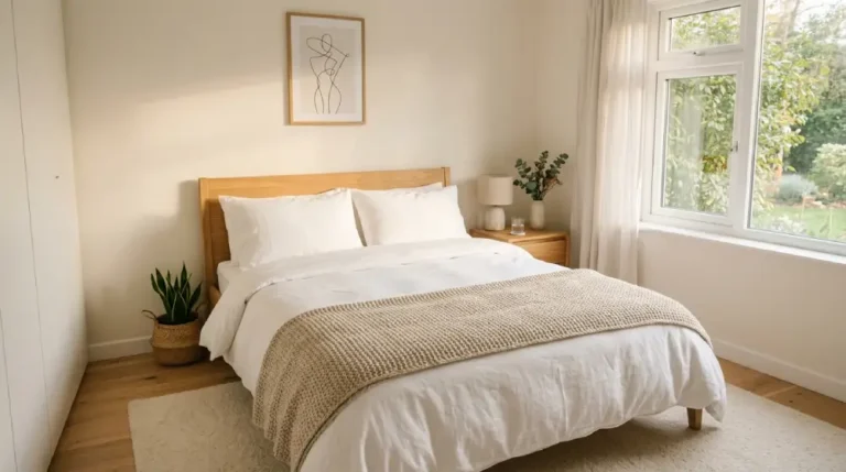 Neatly made bed with clean white sheets and pillows in a sunlit bedroom, representing fresh and hygienic bedding.
