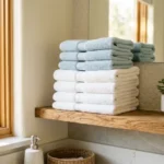 - Cleaning Tips Today Fluffy folded towels stacked on a wooden shelf in a bright, fresh smelling bathroom