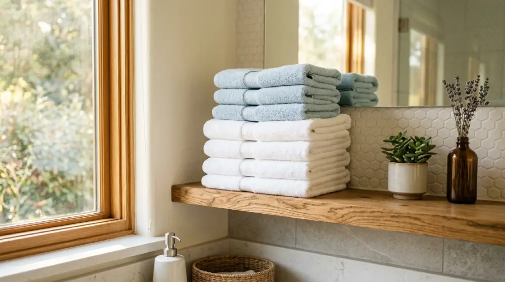 - Cleaning Tips Today Fluffy folded towels stacked on a wooden shelf in a bright, fresh smelling bathroom