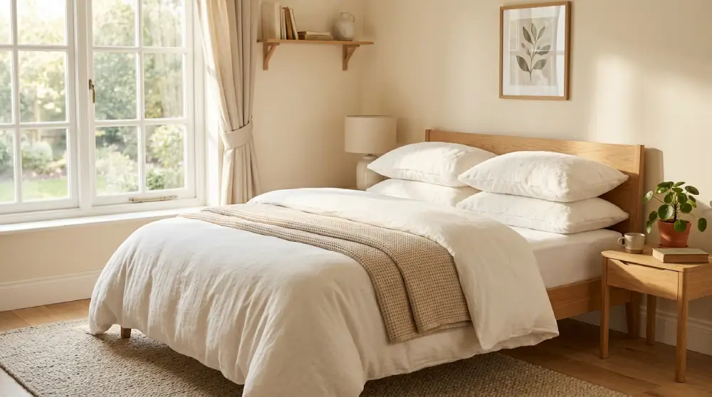 Fluffy clean white pillows on a bed in a sunlit bedroom