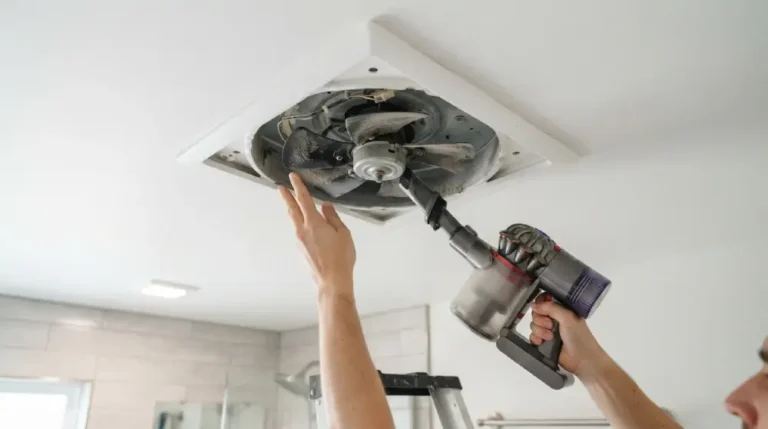 Hands cleaning bathroom exhaust fan blades with a vacuum brush attachment