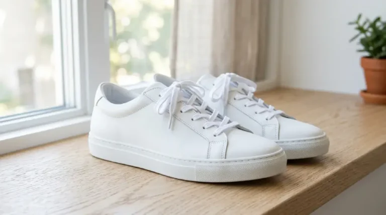 Close-up of clean white sneakers being washed and cared for at home