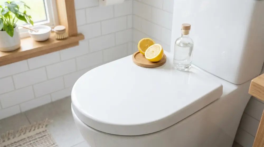 Natural ingredients like baking soda, vinegar, and lemon used to clean a toilet bowl