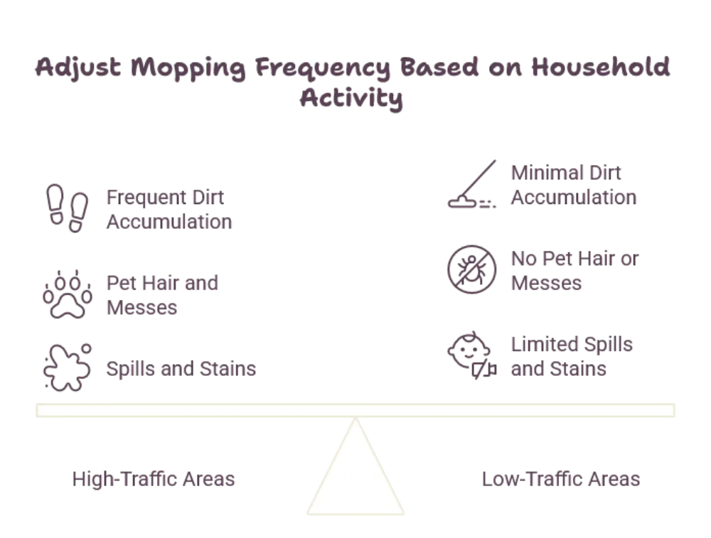 Factors That Affect How Often You Should Mop - Cleaning Tips Today Infographic illustrating balancing factors; items listed on both sides of a horizontal balance with a central fulcrum.