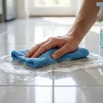 Hand wiping sticky residue off a clean ceramic tile floor with a microfiber cloth