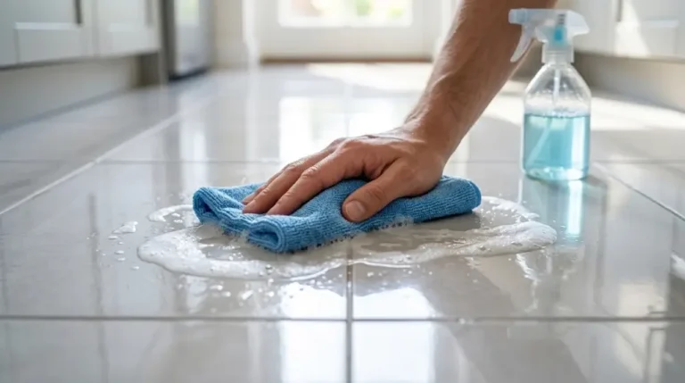 Hand wiping sticky residue off a clean ceramic tile floor with a microfiber cloth