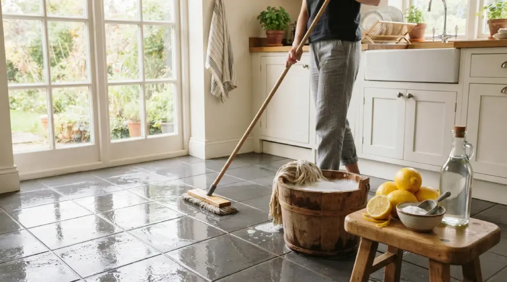 Homemade floor cleaner ingredients including vinegar, baking soda, and lemons beside a mop and bucket on a clean tiled floor