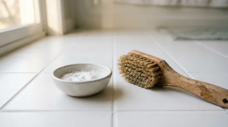 Close up of clean tile floor with baking soda paste and scrub brush used for grout cleaning