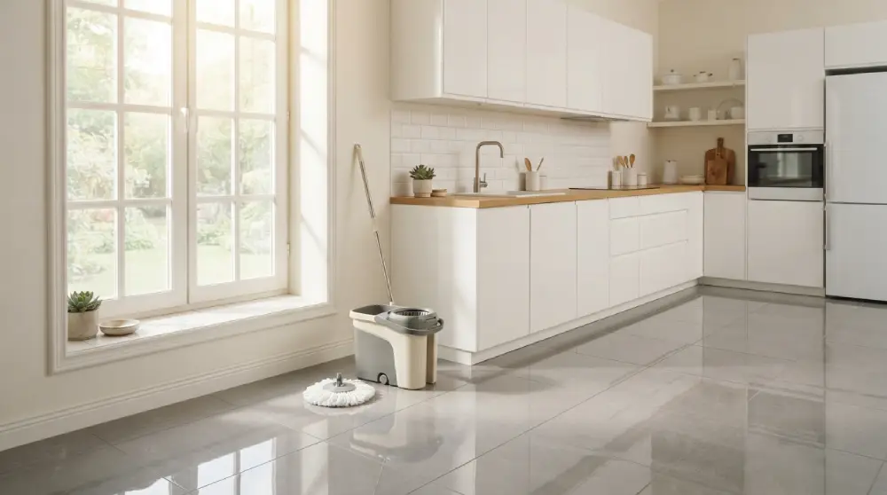 - Cleaning Tips Today Clean kitchen tile floor with mop and bucket showing regular floor mopping routine