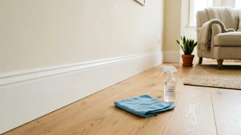 Clean white baseboards with a microfiber cloth on a hardwood floor