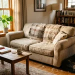 Beige fabric sofa covered in pet hair next to a golden retriever in a sunlit living room