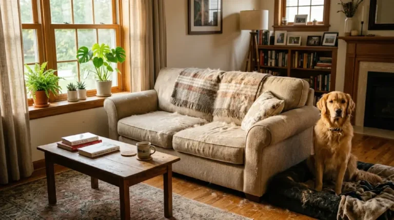 Beige fabric sofa covered in pet hair next to a golden retriever in a sunlit living room