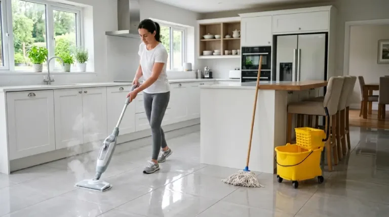 Comparison of a steam mop with rising steam and a traditional mop and bucket on a clean tiled kitchen floor