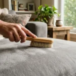 Person gently brushing a gray microfiber couch to clean and restore its soft texture