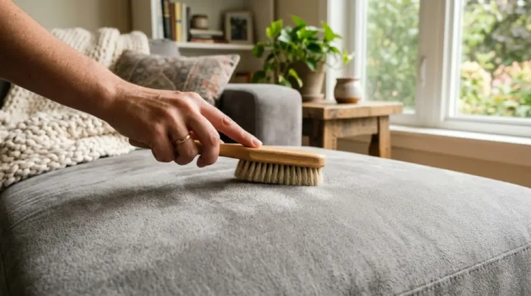 Person gently brushing a gray microfiber couch to clean and restore its soft texture