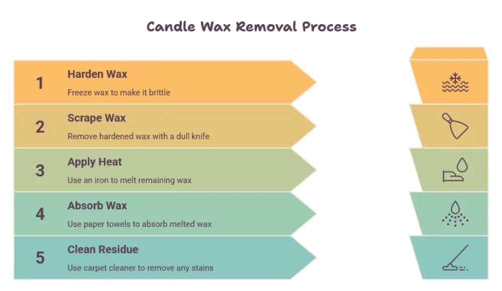 Five-step infographic showing wax removal steps: 1 Harden Wax, 2 Scrape Wax, 3 Apply Heat, 4 Absorb Wax, 5 Clean Residue with corresponding icons on the right side.