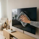 - Cleaning Tips Today Person cleaning a flat screen TV safely with a microfiber cloth