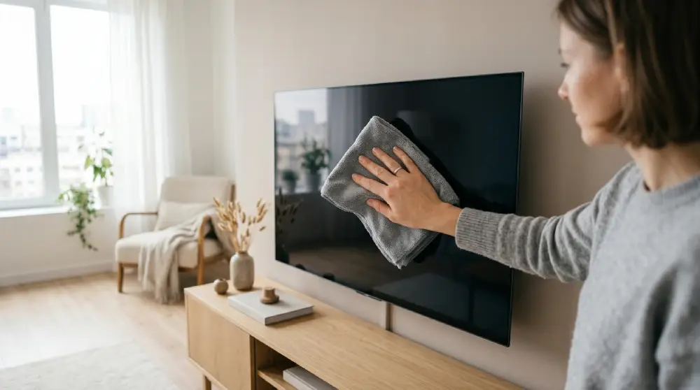 Person cleaning a flat screen TV safely with a microfiber cloth