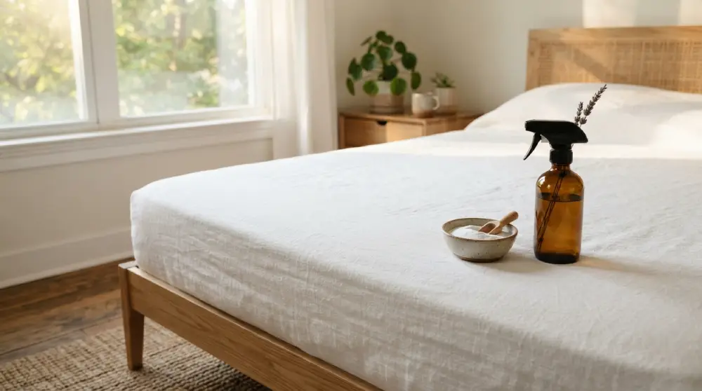 - Cleaning Tips Today Clean white mattress with baking soda and natural cleaning spray in a sunlit bedroom