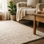 Candle placed on a side table beside a clean carpet in a cozy living room