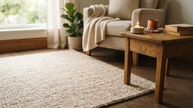 Candle placed on a side table beside a clean carpet in a cozy living room