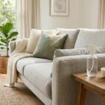 Homemade upholstery cleaner ingredients placed beside a fabric sofa in a bright living room