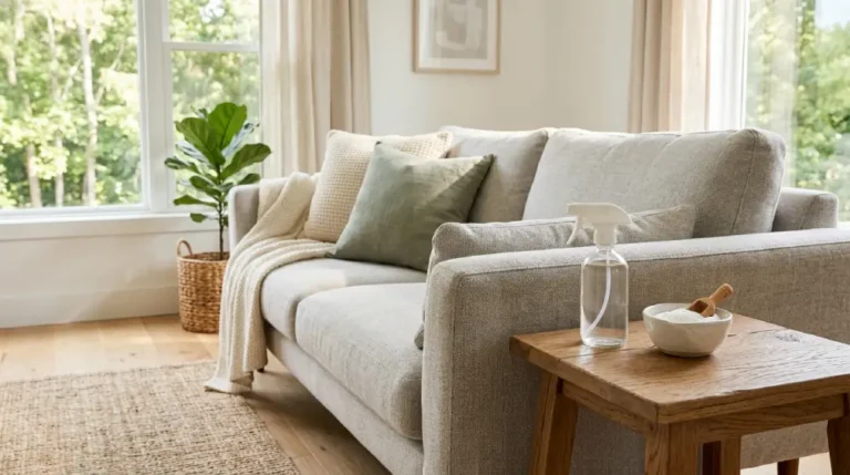 Homemade upholstery cleaner ingredients placed beside a fabric sofa in a bright living room