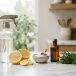 Natural disinfectant ingredients including lemon, baking soda, and a spray bottle on a clean kitchen counter