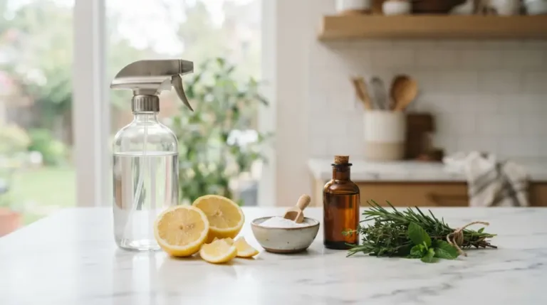 Natural disinfectant ingredients including lemon, baking soda, and a spray bottle on a clean kitchen counter