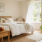 Sunlit bedroom with white linen bedding, an open window, green plants, and dried lavender on the nightstand