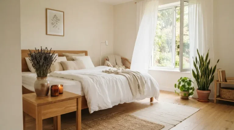 Sunlit bedroom with white linen bedding, an open window, green plants, and dried lavender on the nightstand