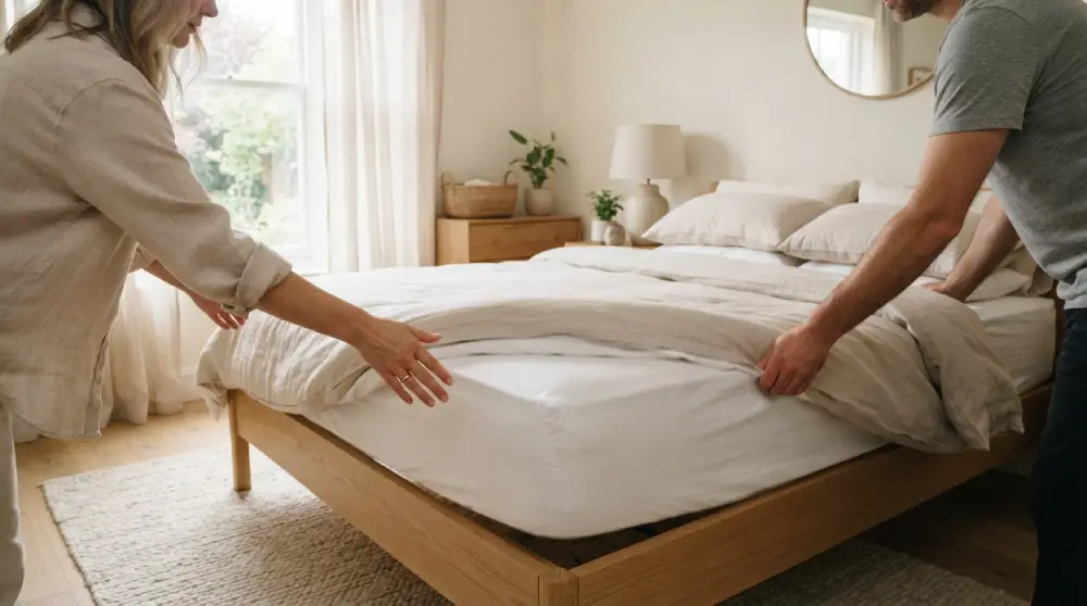 Two people rotating a made bed mattress in a sunlit bedroom with neutral tones