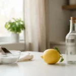 - Cleaning Tips Today Bowl of baking soda and a bottle of white vinegar on a clean kitchen counter, ready for natural home cleaning.