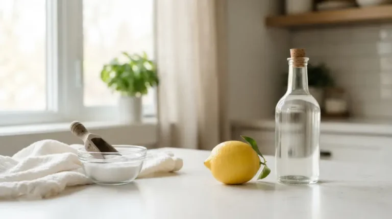 Bowl of baking soda and a bottle of white vinegar on a clean kitchen counter, ready for natural home cleaning.