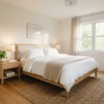 Clean and tidy bedroom with fresh white bedding, a neat nightstand, and sunlight through the window