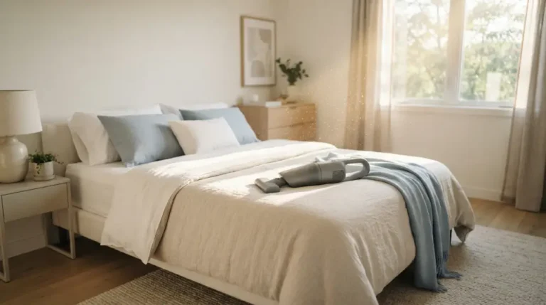 Handheld vacuum cleaning a fresh mattress in a bright bedroom, showing the best vacuum for mattresses in use