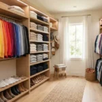 Bright walk-in closet with wooden shelves on both sides, colorful shirts, folded sweaters, and shoes neatly arranged beneath. Light from a window at the far end.