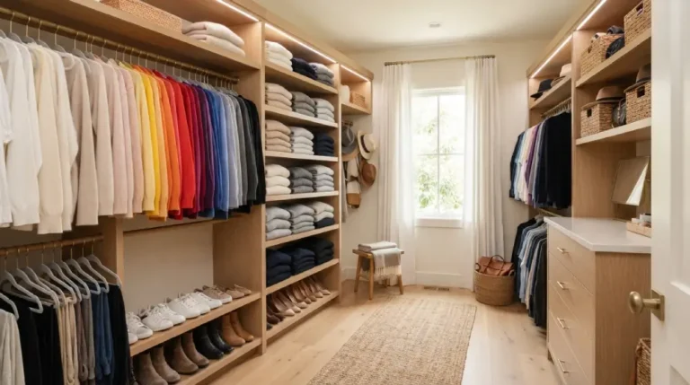 Bright walk-in closet with wooden shelves on both sides, colorful shirts, folded sweaters, and shoes neatly arranged beneath. Light from a window at the far end.