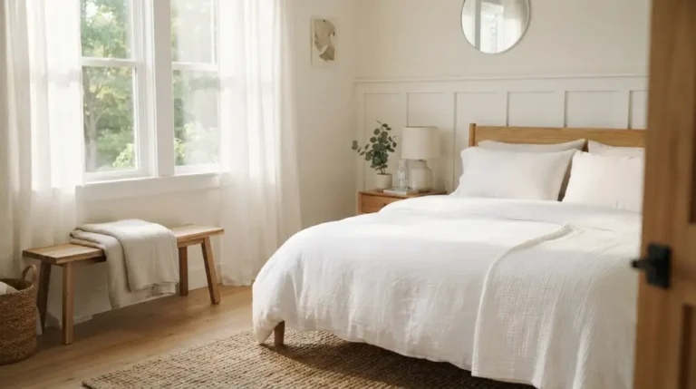 A neatly made bed with clean white sheets and a folded blanket in a bright, airy bedroom with morning light.