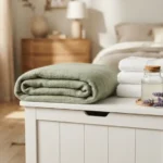 - Cleaning Tips Today A clean folded weighted blanket resting in a laundry basket beside fresh towels, mild detergent, and lavender in a bright, cozy room