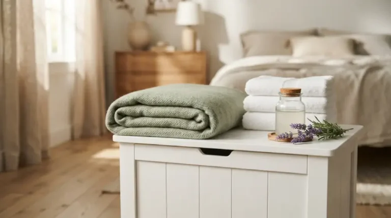 A clean folded weighted blanket resting in a laundry basket beside fresh towels, mild detergent, and lavender in a bright, cozy room