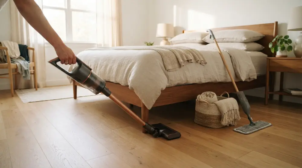 Person using a slim vacuum to clean the hardwood floor under a neatly made bed in a bright bedroom