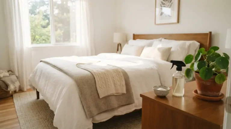 Clean fresh bed with white linens in a sunny bedroom after removing mattress odors