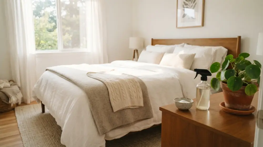 Clean fresh bed with white linens in a sunny bedroom after removing mattress odors