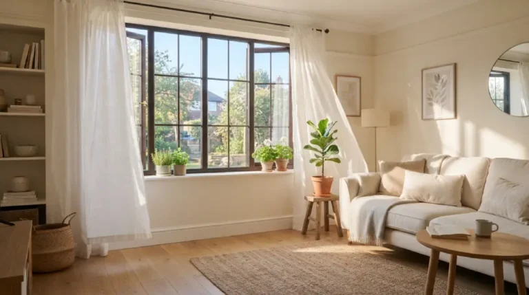 Freshly cleaned white curtains hanging beside a sunlit window in a bright, tidy living room