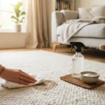 Person blotting a fresh coffee stain on a cream carpet with a white cloth, with cleaning supplies nearby