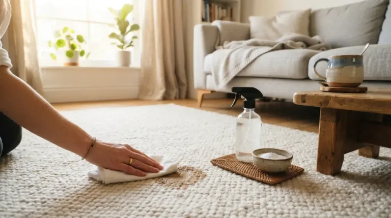 Person blotting a fresh coffee stain on a cream carpet with a white cloth, with cleaning supplies nearby