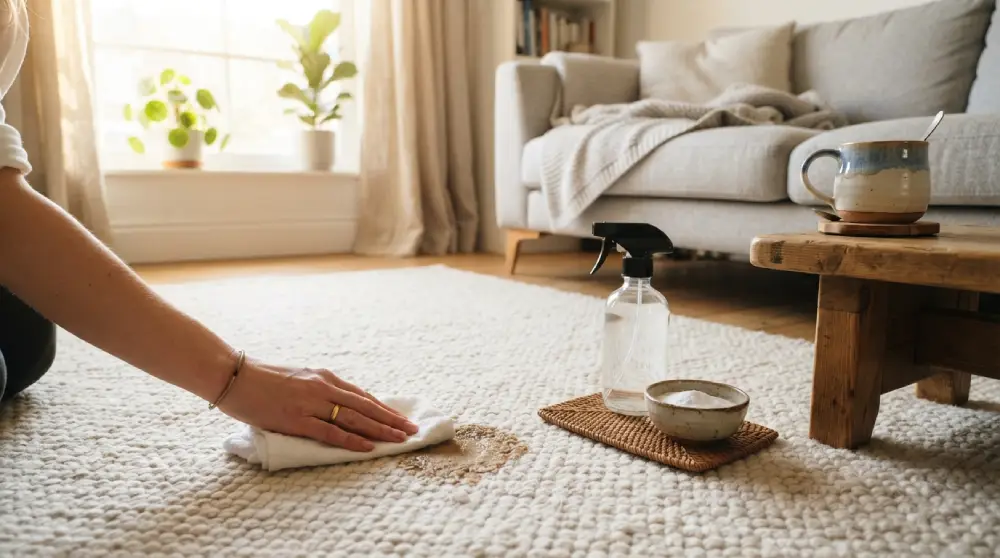 Person blotting a fresh coffee stain on a cream carpet with a white cloth, with cleaning supplies nearby