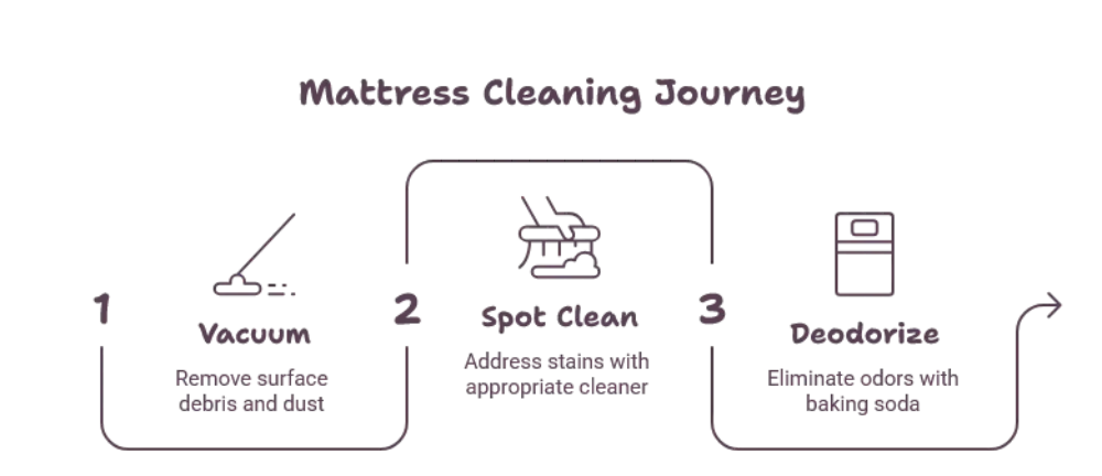 Three-step process diagram with a central rounded box and left/right steps connected by curved lines; icons suggest a desk/monitor on left and a floppy disk on right (text is unreadable).